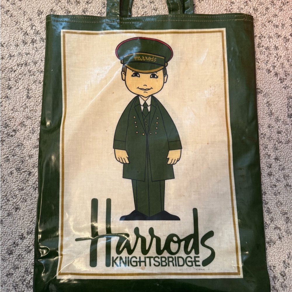 Vintage Harrods Knightsbridge Green and Cream Oil Cloth Bag